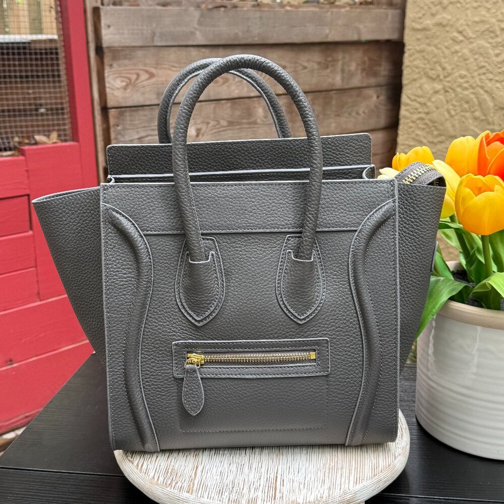 AINIFEEL Smiley Luggage Top Handle Bag Pebbled Leather Grey Structured New